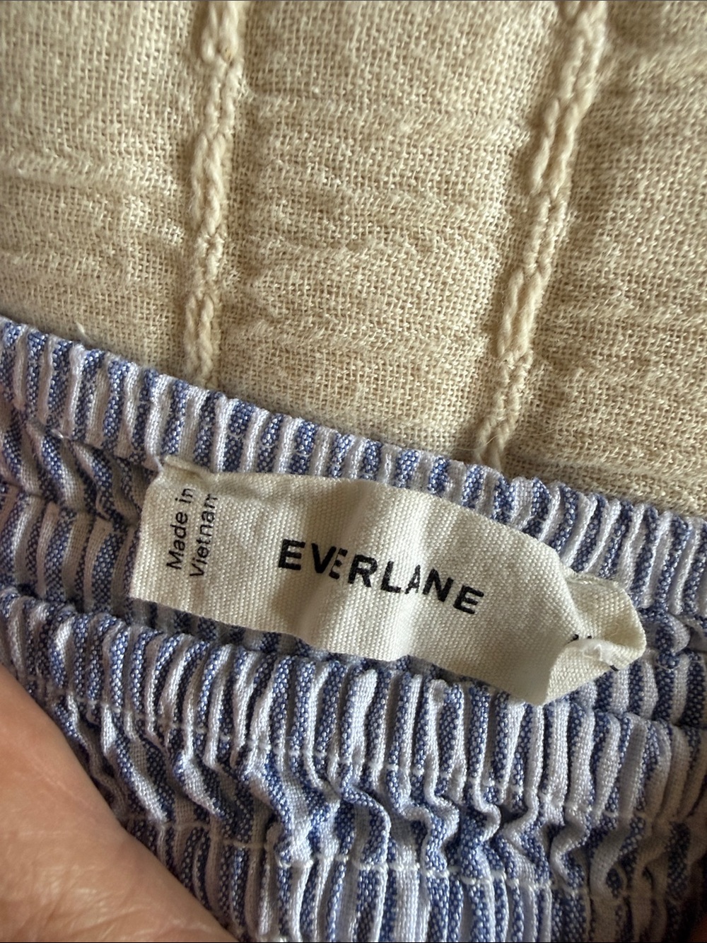 Everlane Blue and White Striped Smocked Flutter Sleeve Top - Picture 2 of 2